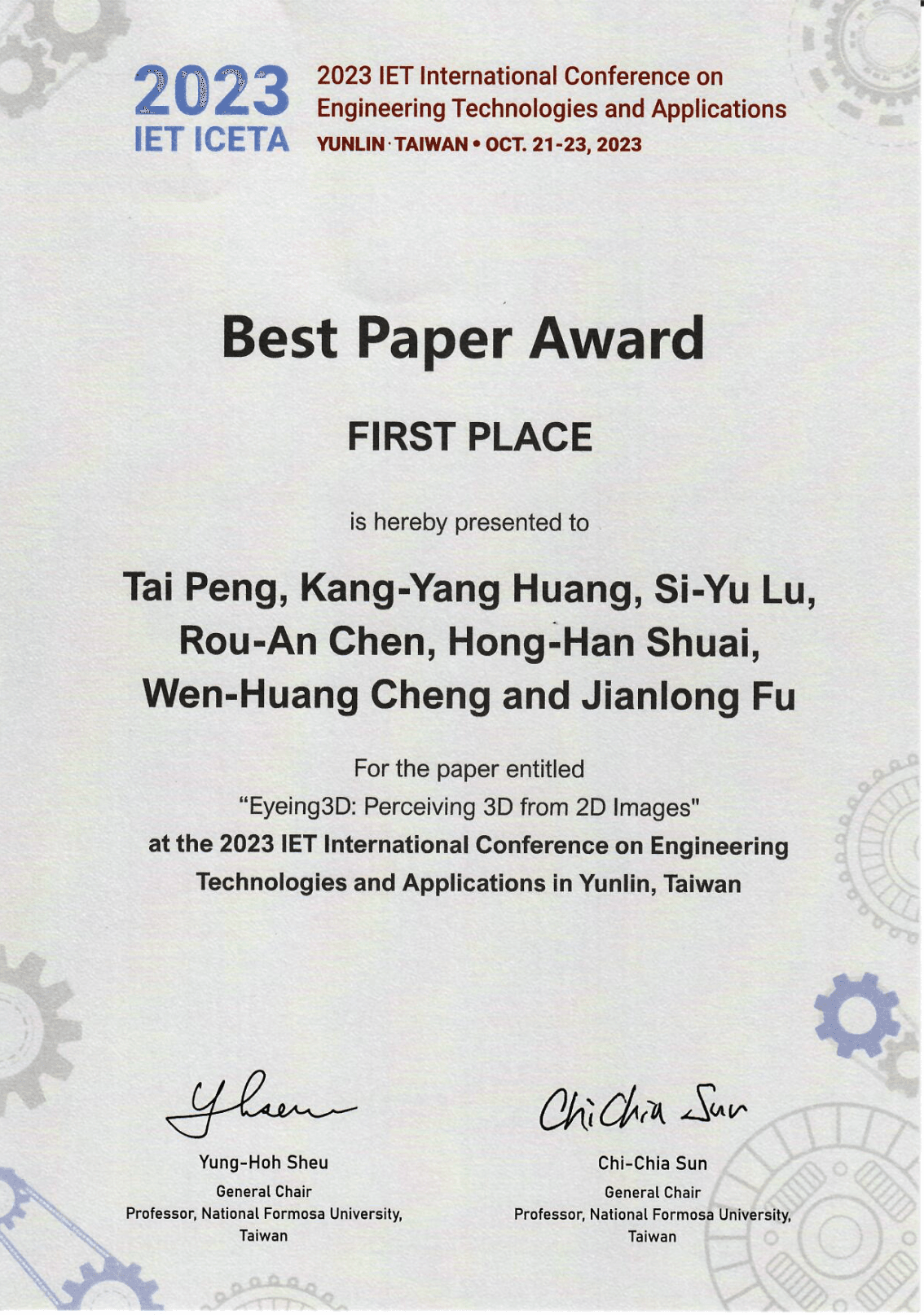 Best Paper Award, First Place